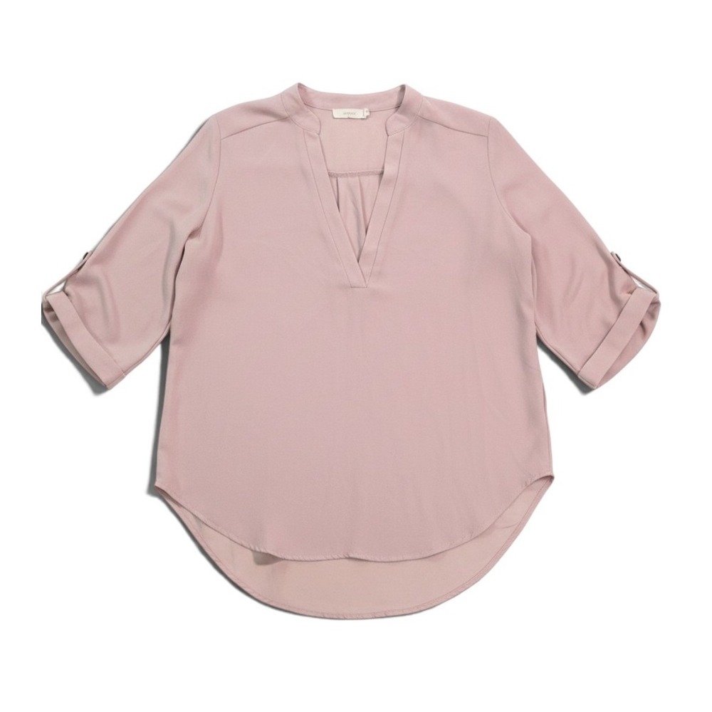 LUSH Blush Pink Relaxed Split Neck Roll Tab Sleeve Feminine Blouse Women Large